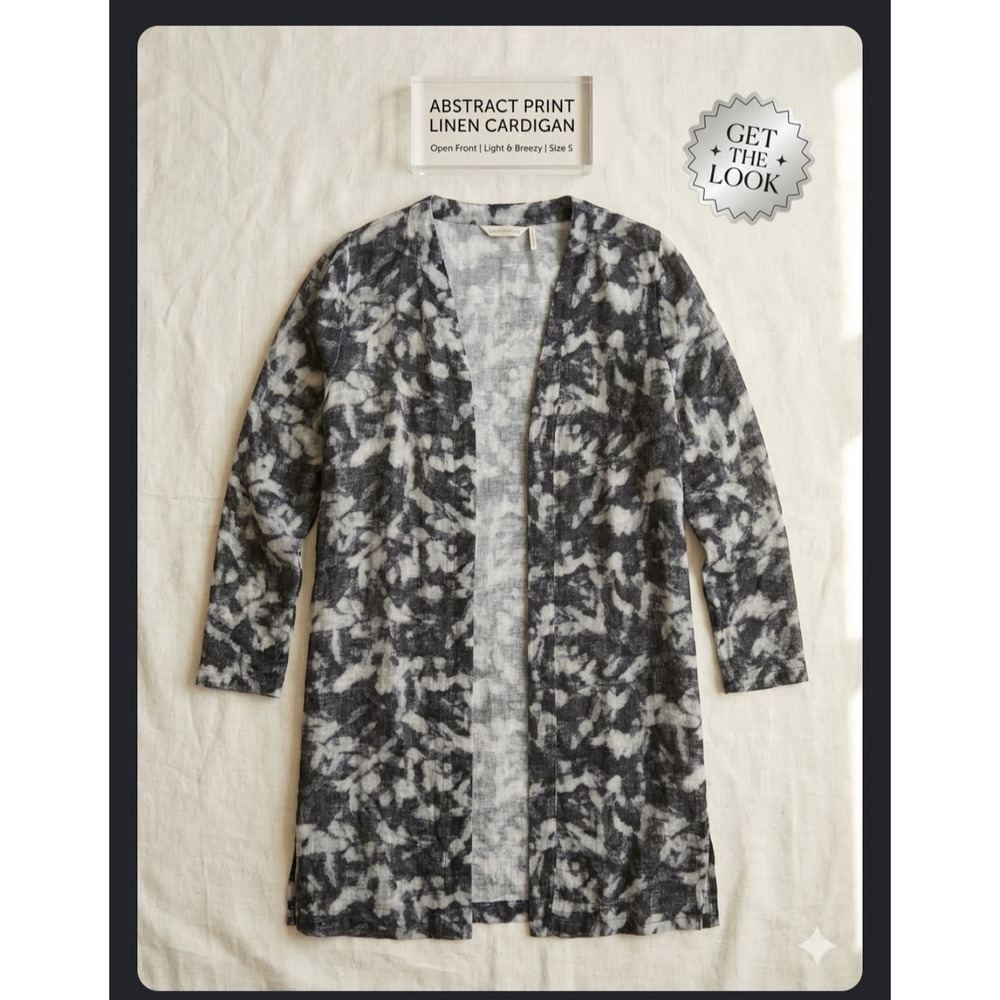 BOHO Soft Surroundings Abstract Print Linen Cardigan Open Front Black White S
